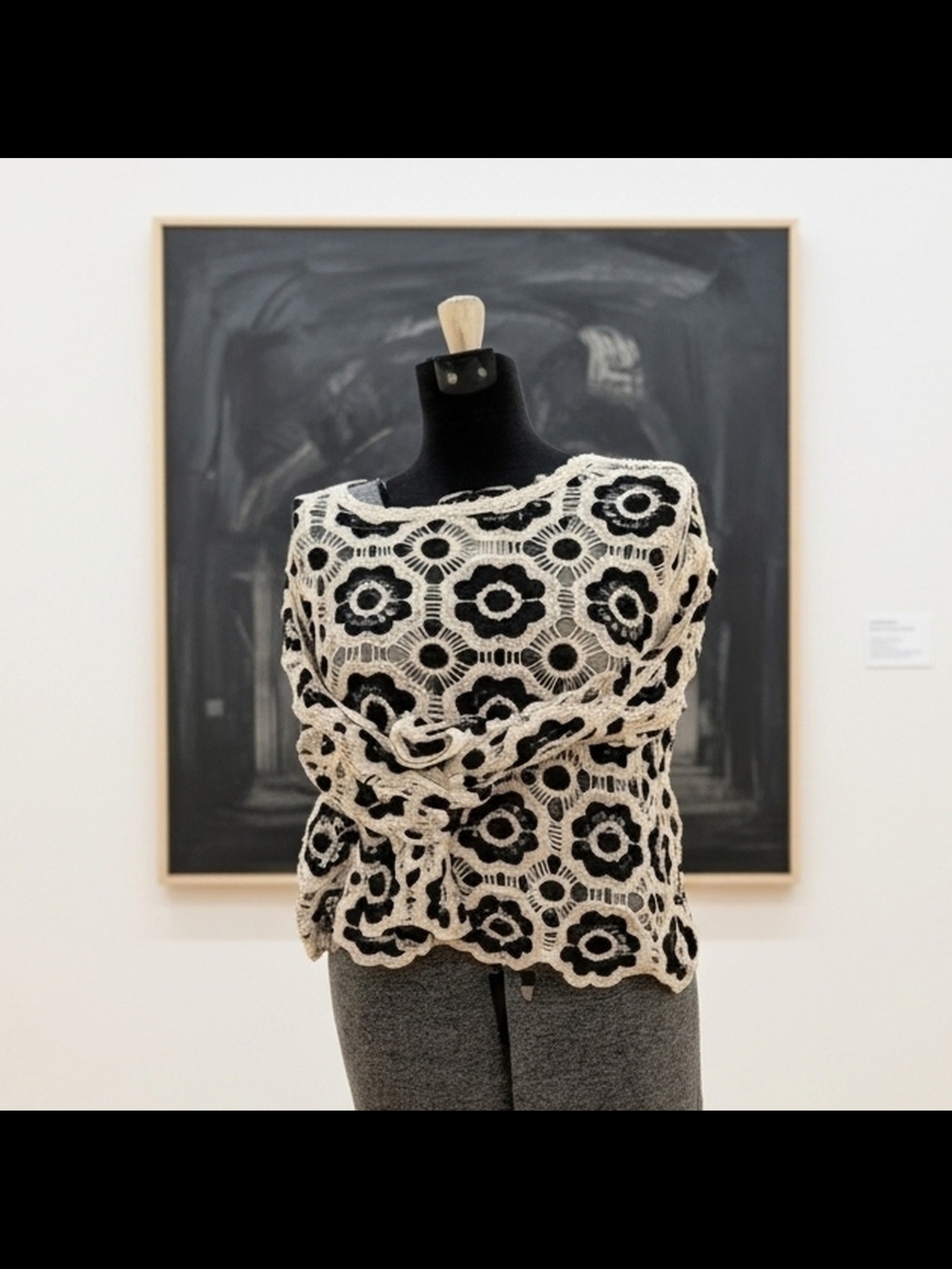 Adiva Floral Crochet Knit Sweater Black & Ivory Open Weave Boho Festival Size L